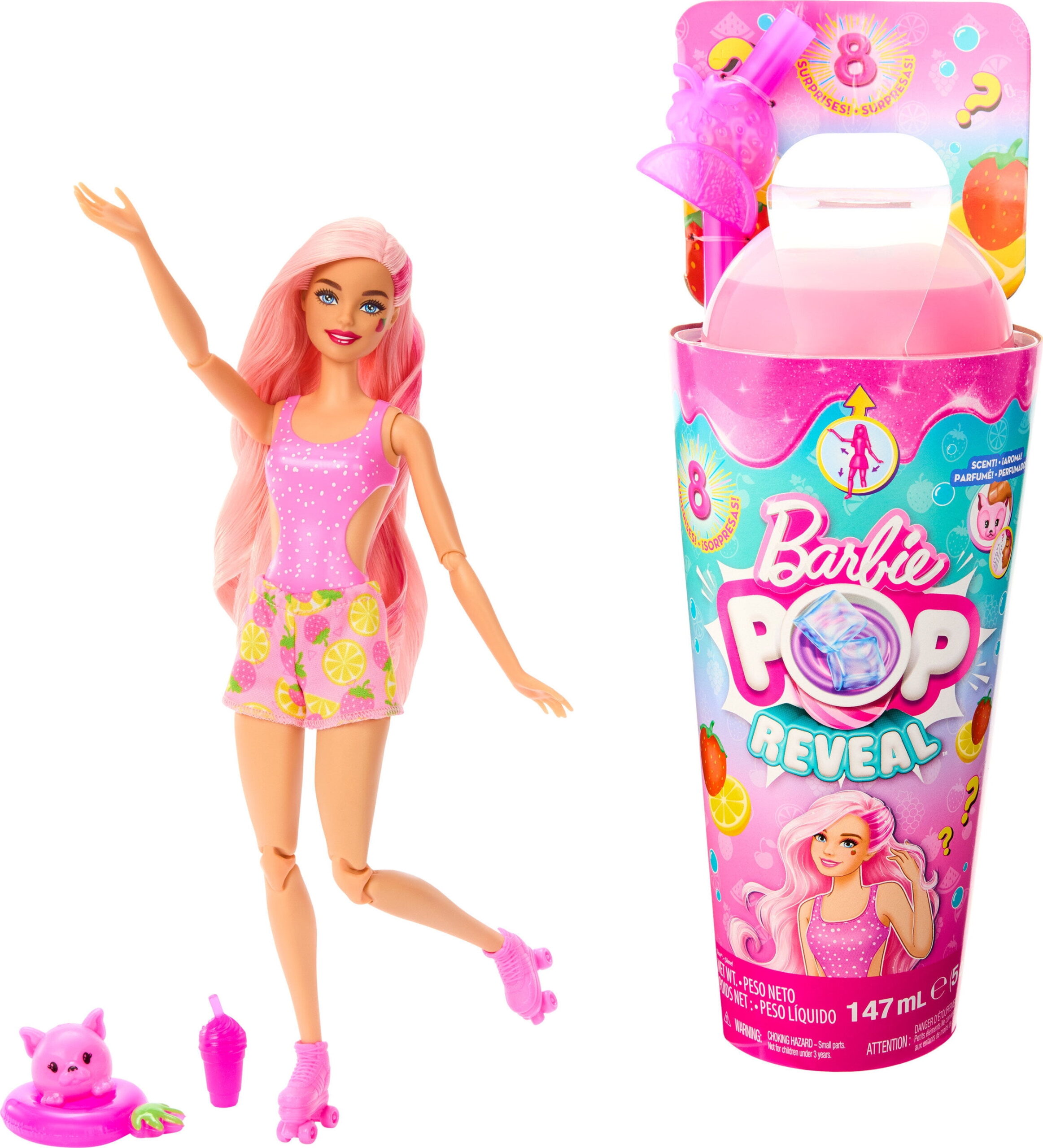 Added Barbie Pop Reveal Fruit Series Strawberry Lemonade Doll, 8 Surprises Include Pet, Slime, Scent & Color Change to Wishlist