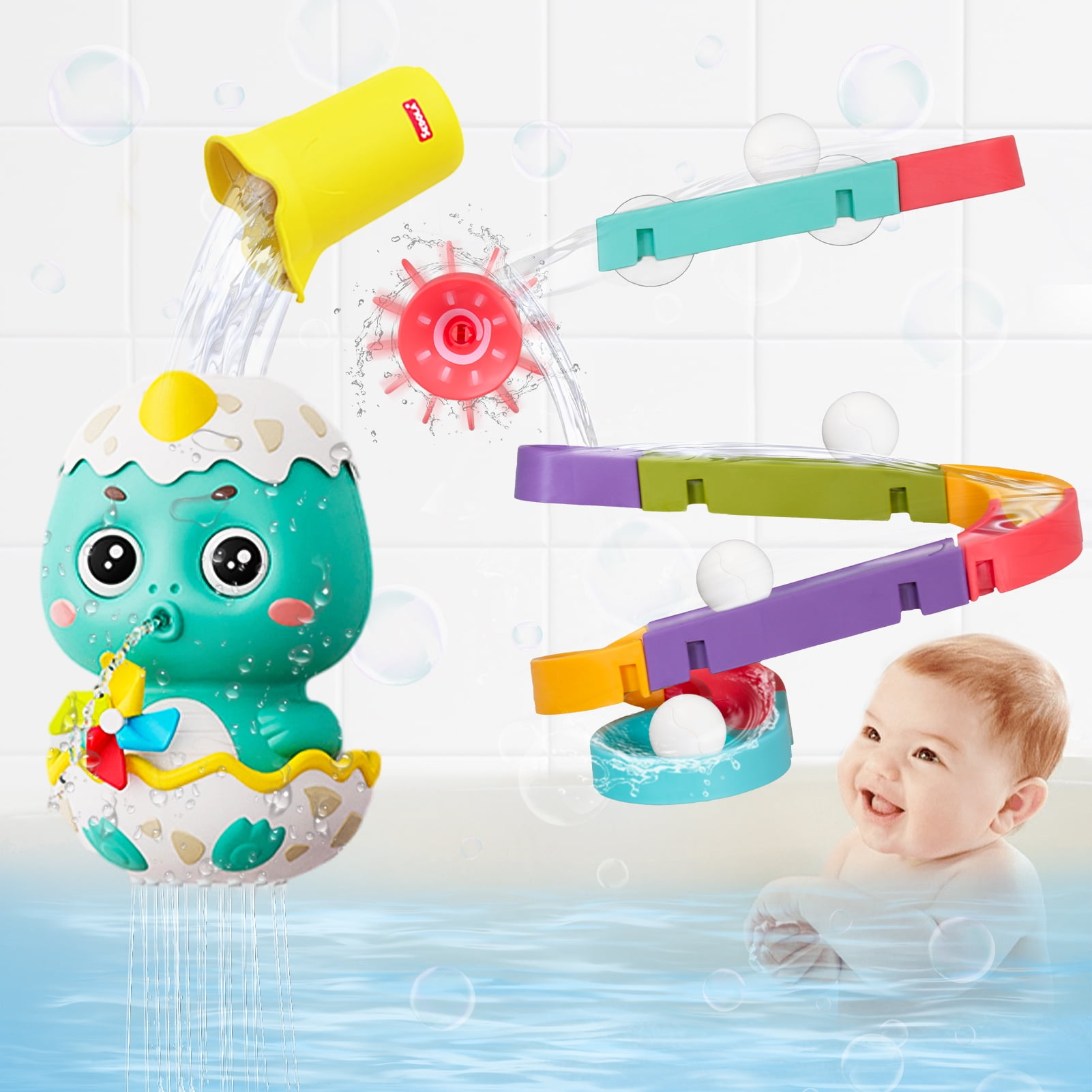 Added Bath Toys for Kids 3-8, Bathtub Toys Dinosaur Water Toy for Baby with Wall Track Building Set Fun DIY Kit, Birthday Gift for Toddler Boys Girls (23 Pcs) to Wishlist