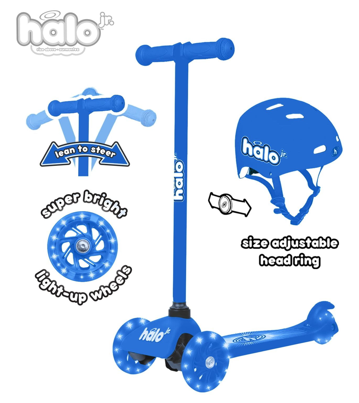 Added HALO Rise Above Jr 3 Wheel Scooter & Helmet - Blue - 3+ - Super Light up Wheels - Unisex - 44lbs to Wishlist