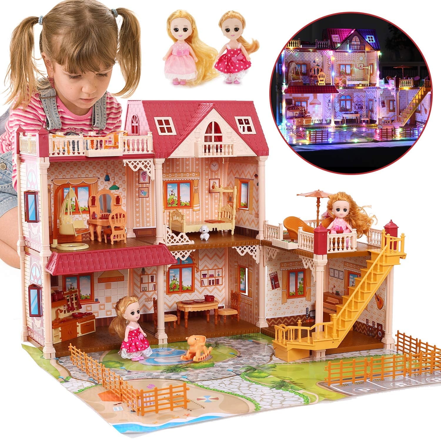 Added JoyStone 5 Rooms Dollhouse with 2 Dolls and Colorful Light, 26" x 23" x 20" Dream House with Play Mat, Gift for Girls to Wishlist