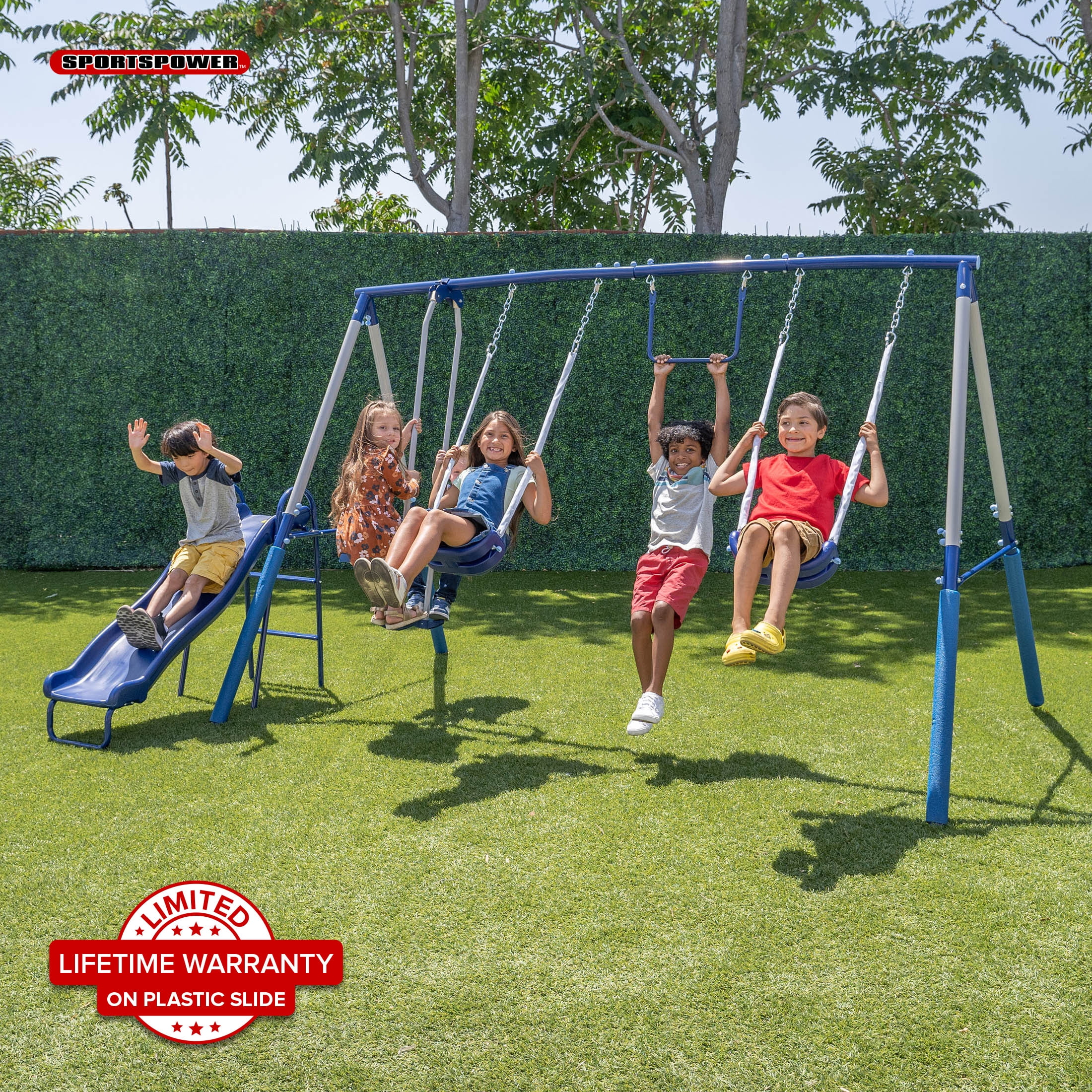 Added Sportspower Arcadia Metal Swing Set with Trapeze, 2 Person Glider Swing, and Lifetime Warranty on Blow Molded Slide to Wishlist