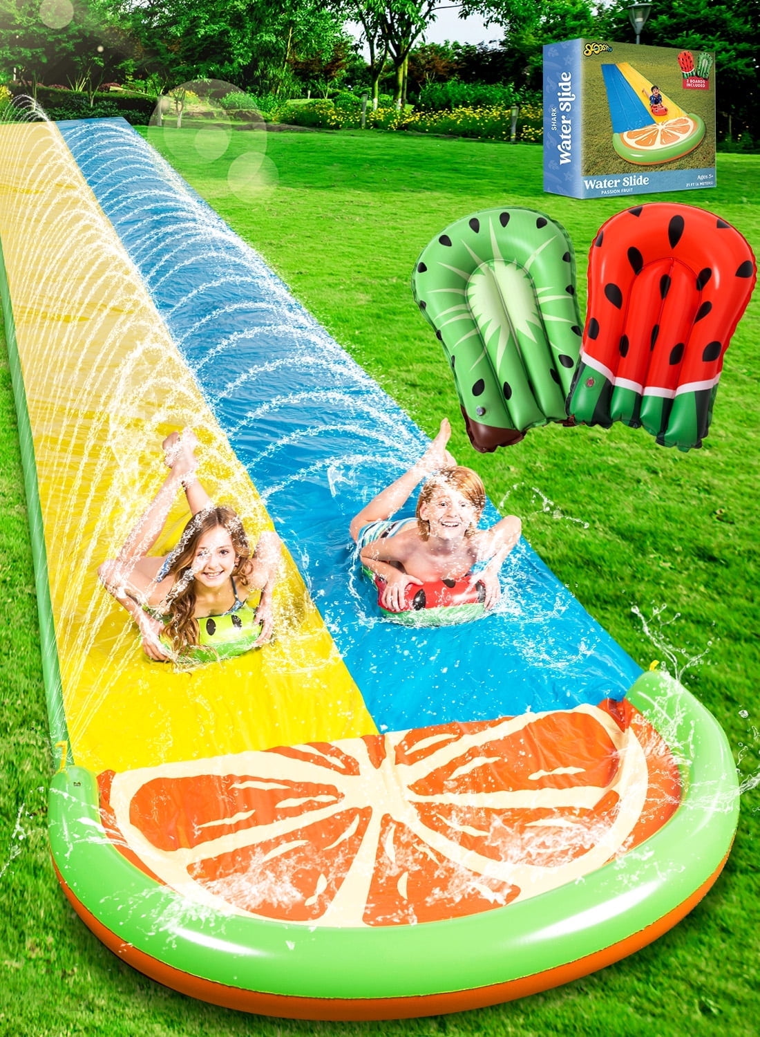 Added Syncfun 22.5ft Water Slides with 2 Boards, 2 Sliding Racing Lanes and Sprinklers, Backyard Outdoor Lawn Summer Toy, Fruit to Wishlist