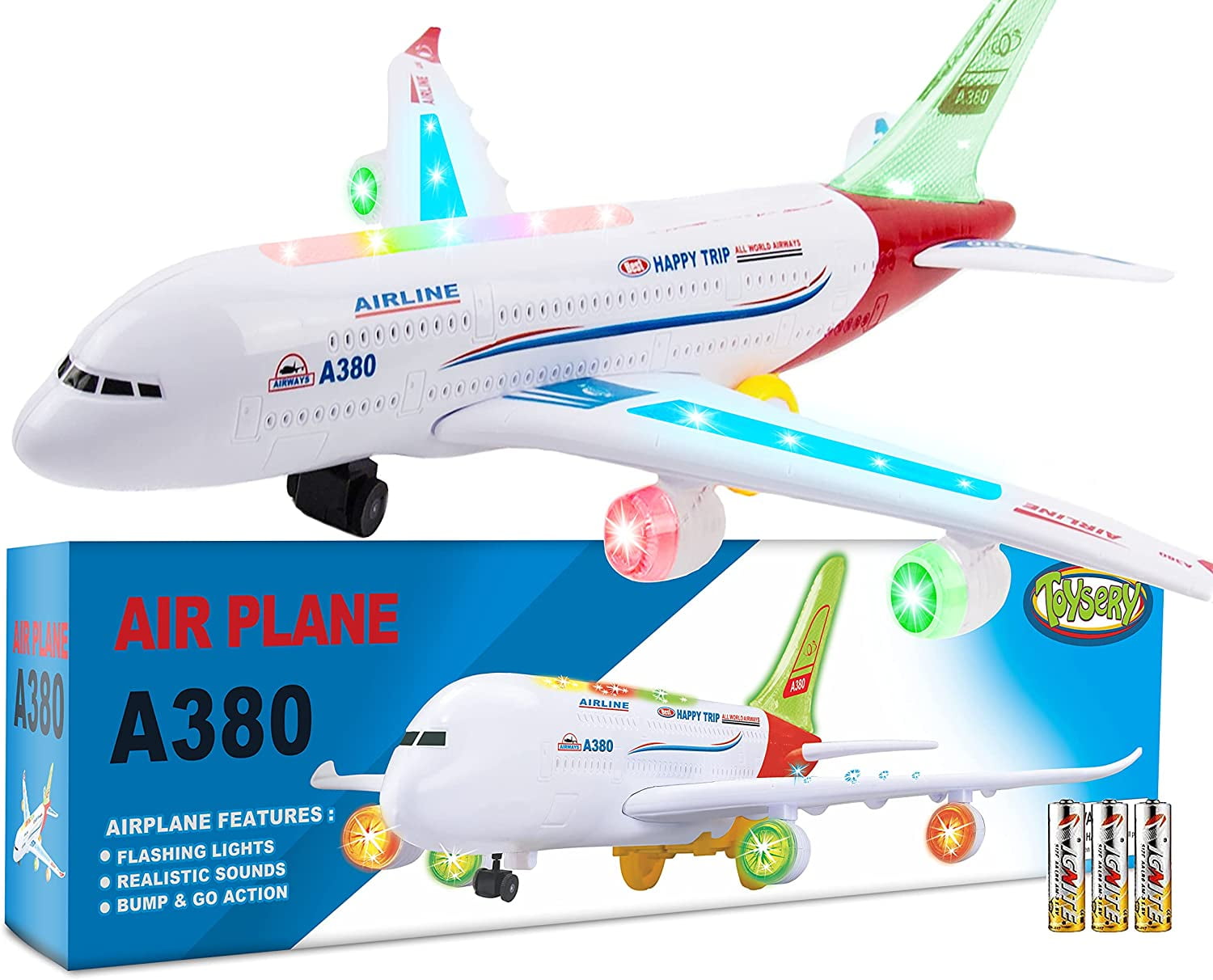 Added Toysery Airplane Toys for Kids, Bump and Go Action, Toddler Toy Plane with LED Flashing Lights and Sounds for Boys & Girls 3 -12 Years Old (Airbus A380) to Wishlist