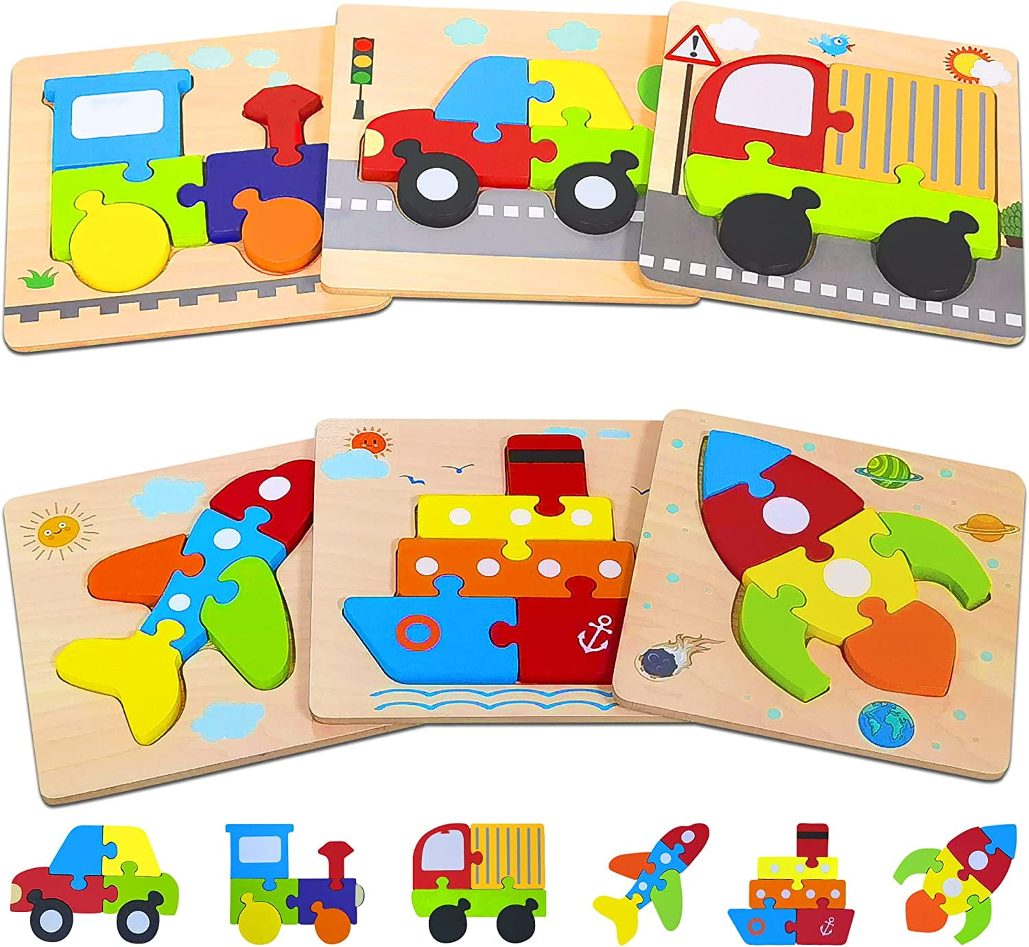 Added Wooden Toddler Puzzles Gifts Toys, 1 2 3 Yr Old Boy Girl 6 Vehicle Shape Educational Jigsaw puzzles to Wishlist